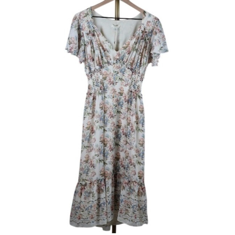 Max Studio Floral Smocked Waist Midi Dress V-Neck Flutter Sleeve Ivory Pink B. M - Picture 2 of 6